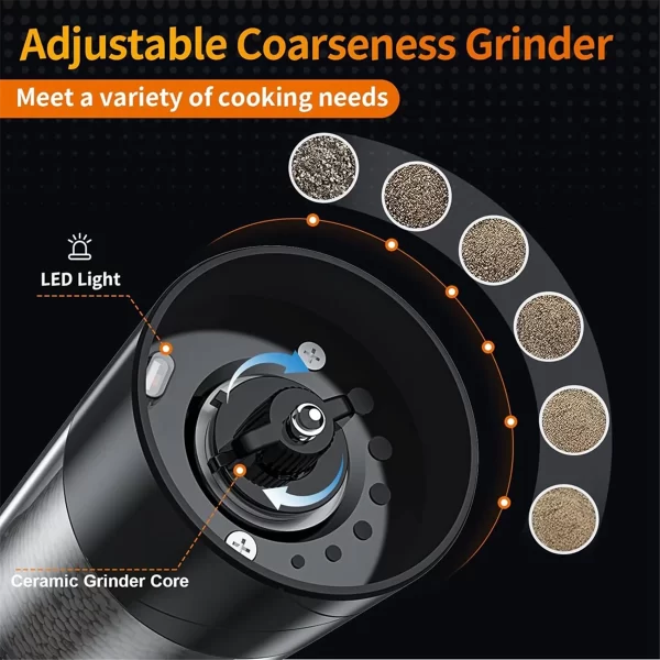 Electric Automatic Mill Pepper and Salt Grinder with LED Light Adjustable Coarseness Spice Grinder Cooking Tool White - Image 3