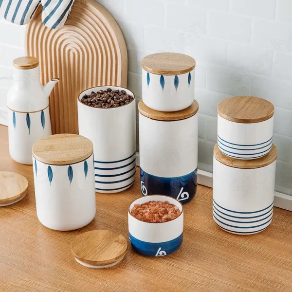 Japanese Modern Mason Jars with Lid Painted Ceramic Pepper White Sugar Cereal Dispenser Bamboo Cover Home Kitchen Canister Sets - Image 5