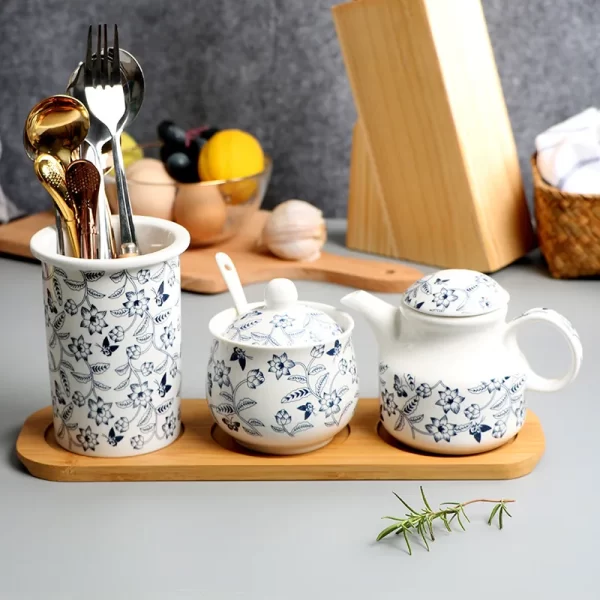 New Fashion Noodle House Blue and White Porcelain Ceramic Seasoning Pot Pepper Pot Vinegar Pot Soy Sauce Pot Kitchen Supplies