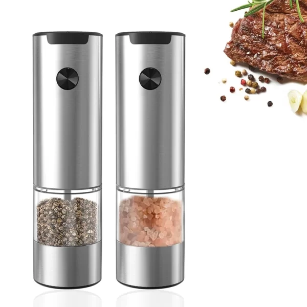 Silver Salt And Pepper Mills Electric Set Of 2 Battery Operated White LED Light And Adjustable Coarseness